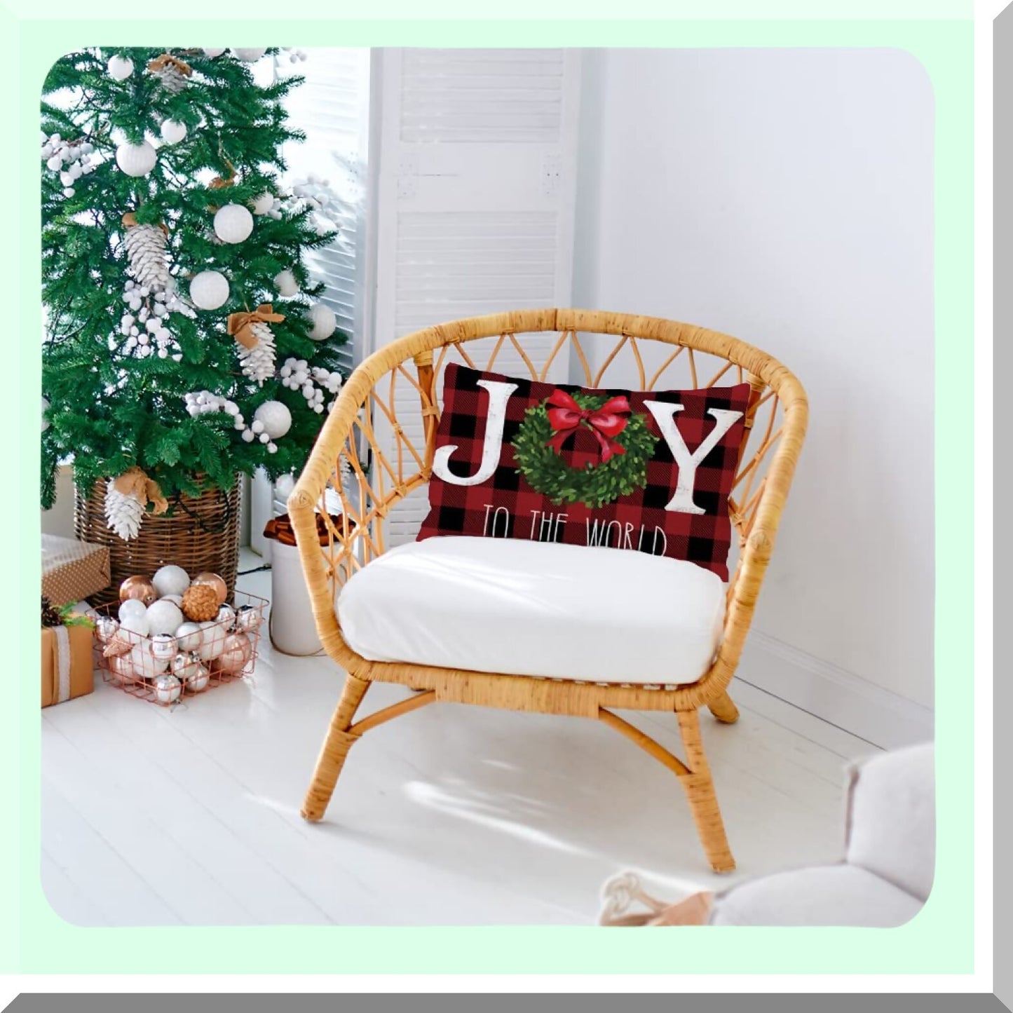 Joyful Winter Wonderland Holiday Pillow Covers - Buffalo Plaid 12x20 Inch Xmas Wreath Cushion Case for Sofa Couch - Festive Decoration