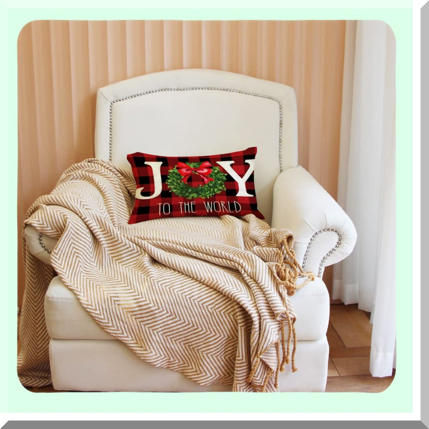 Joyful Winter Wonderland Holiday Pillow Covers - Buffalo Plaid 12x20 Inch Xmas Wreath Cushion Case for Sofa Couch - Festive Decoration