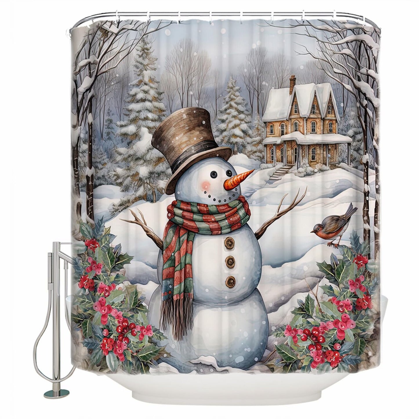 Xmas Tree Winter Snow Snowman Shower Curtain 72"x84"