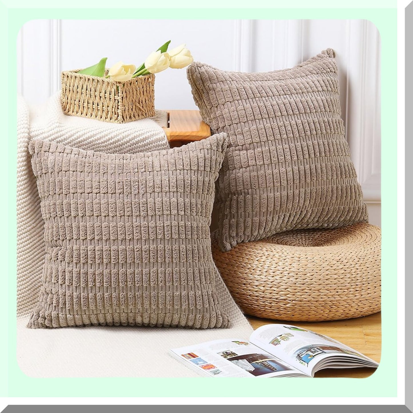 Boho Stripe Corduroy Pillow Covers - Set of 2, 24x24 Inch Brown Decorative Cushion Shell for Sofa & Bedroom - Soft Throw Pillow Cover