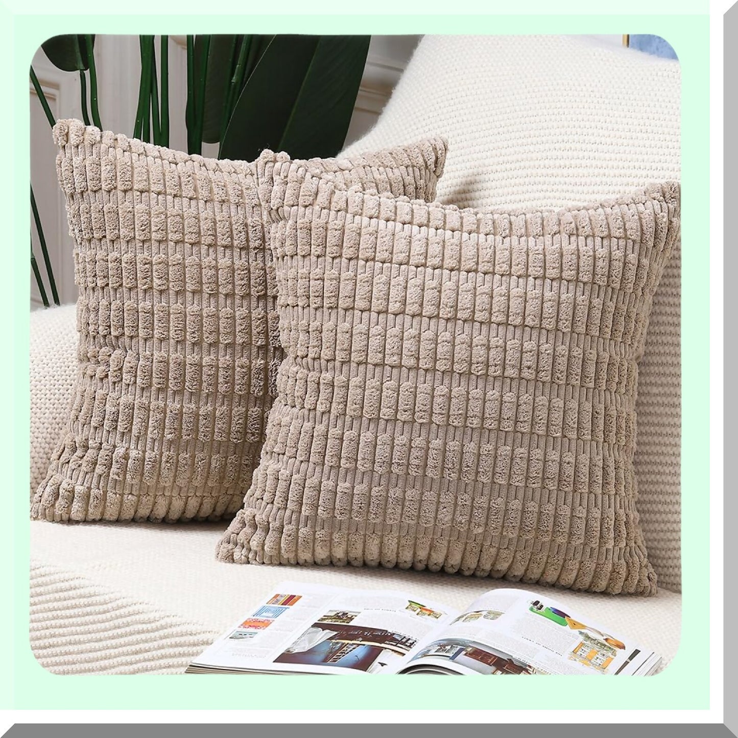 Boho Stripe Corduroy Pillow Covers - Set of 2, 24x24 Inch Brown Decorative Cushion Shell for Sofa & Bedroom - Soft Throw Pillow Cover