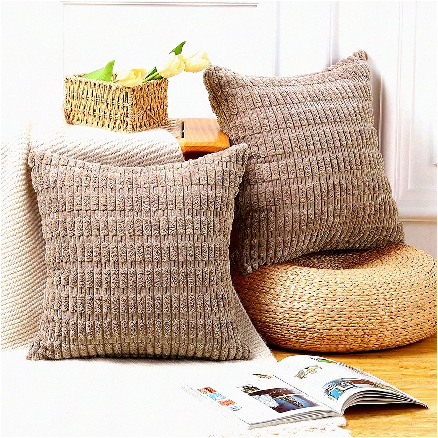 Boho Stripe Corduroy Pillow Covers - Set of 2, 24x24 Inch Brown Decorative Cushion Shell for Sofa & Bedroom - Soft Throw Pillow Cover