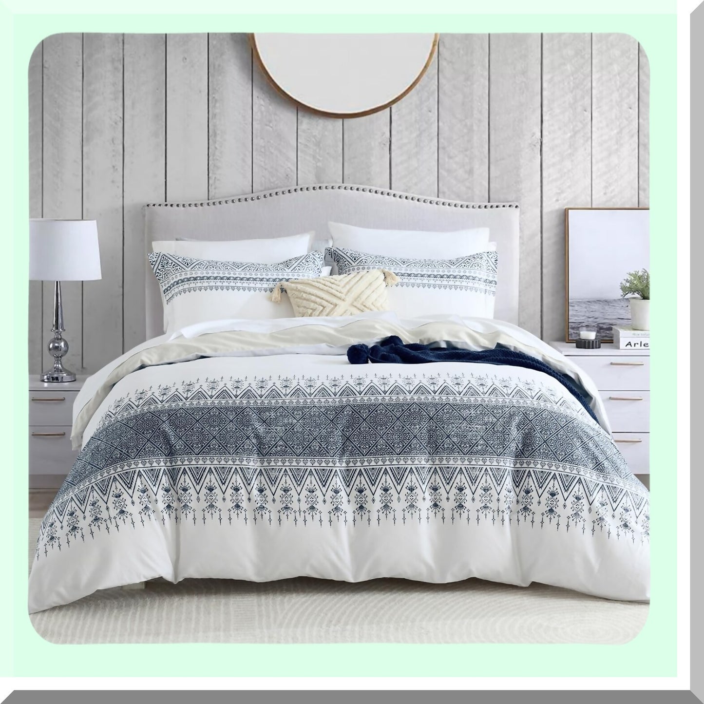 Boho Blue Geometric Cotton Duvet Set - Queen Size 3pcs Bedding, Ultra Soft Lightweight Cover with 8 Ties, 400TC, No Comforter - White Cream Bohemian