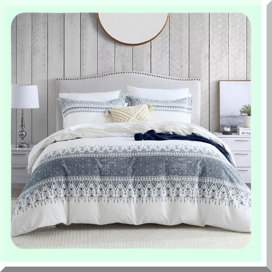 Boho Blue Geometric Cotton Duvet Set - Queen Size 3pcs Bedding, Ultra Soft Lightweight Cover with 8 Ties, 400TC, No Comforter - White Cream Bohemian