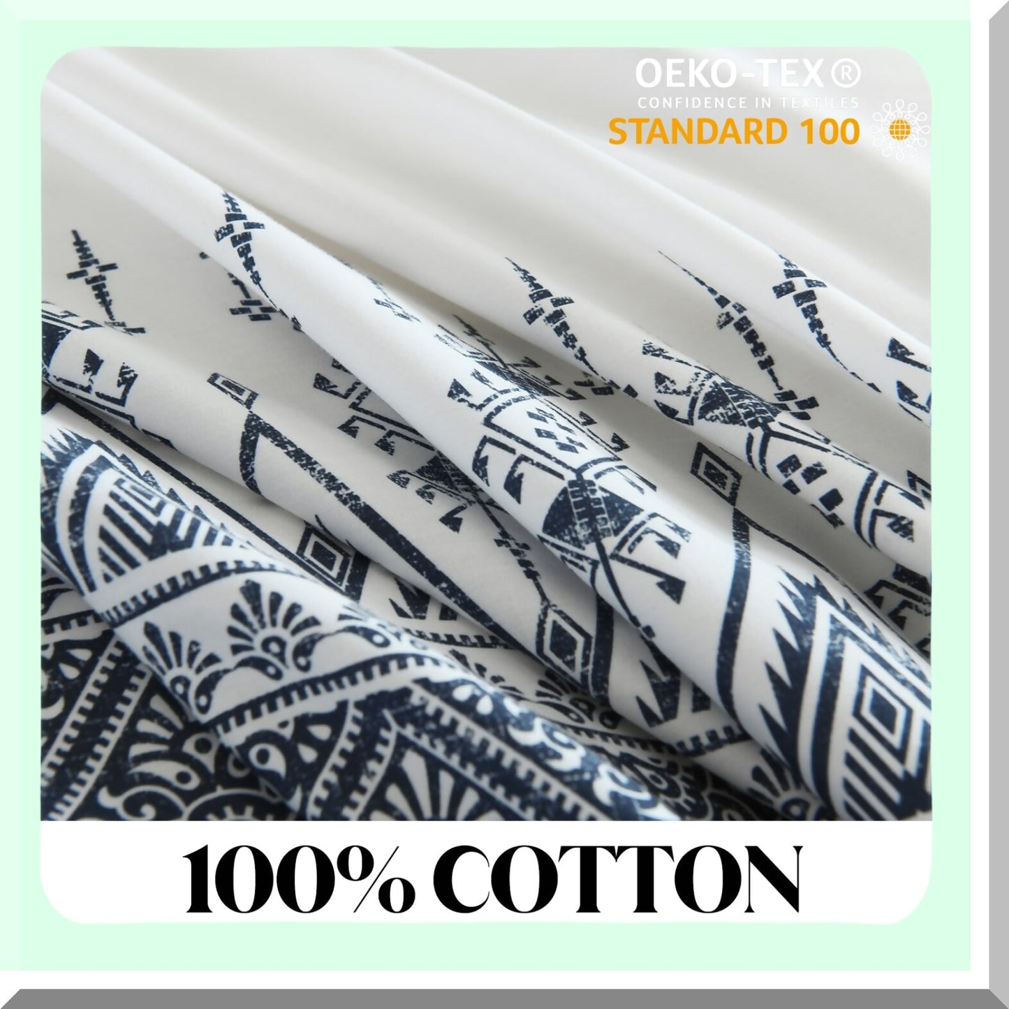 Boho Blue Geometric Cotton Duvet Set - Queen Size 3pcs Bedding, Ultra Soft Lightweight Cover with 8 Ties, 400TC, No Comforter - White Cream Bohemian