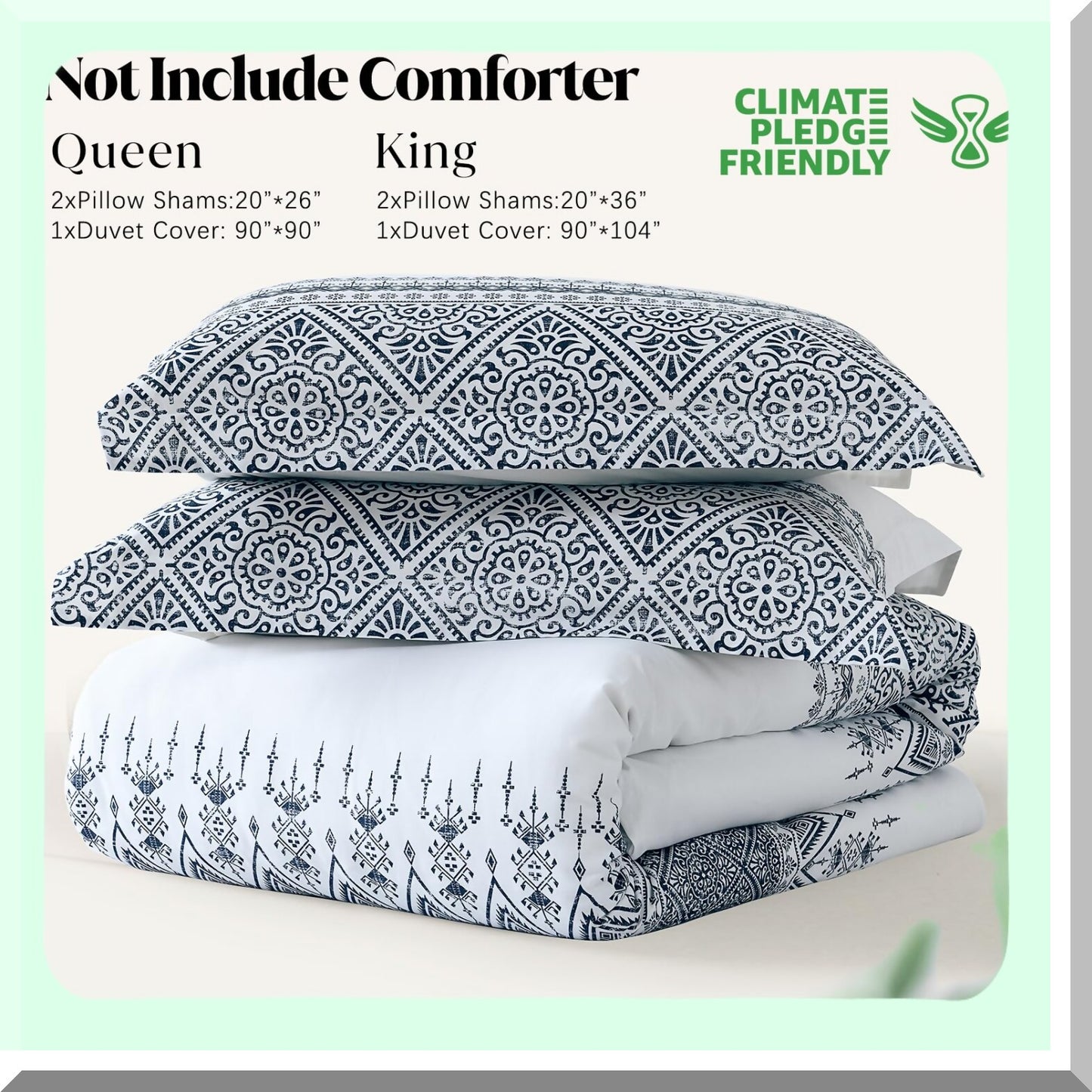 Boho Blue Geometric Cotton Duvet Set - Queen Size 3pcs Bedding, Ultra Soft Lightweight Cover with 8 Ties, 400TC, No Comforter - White Cream Bohemian