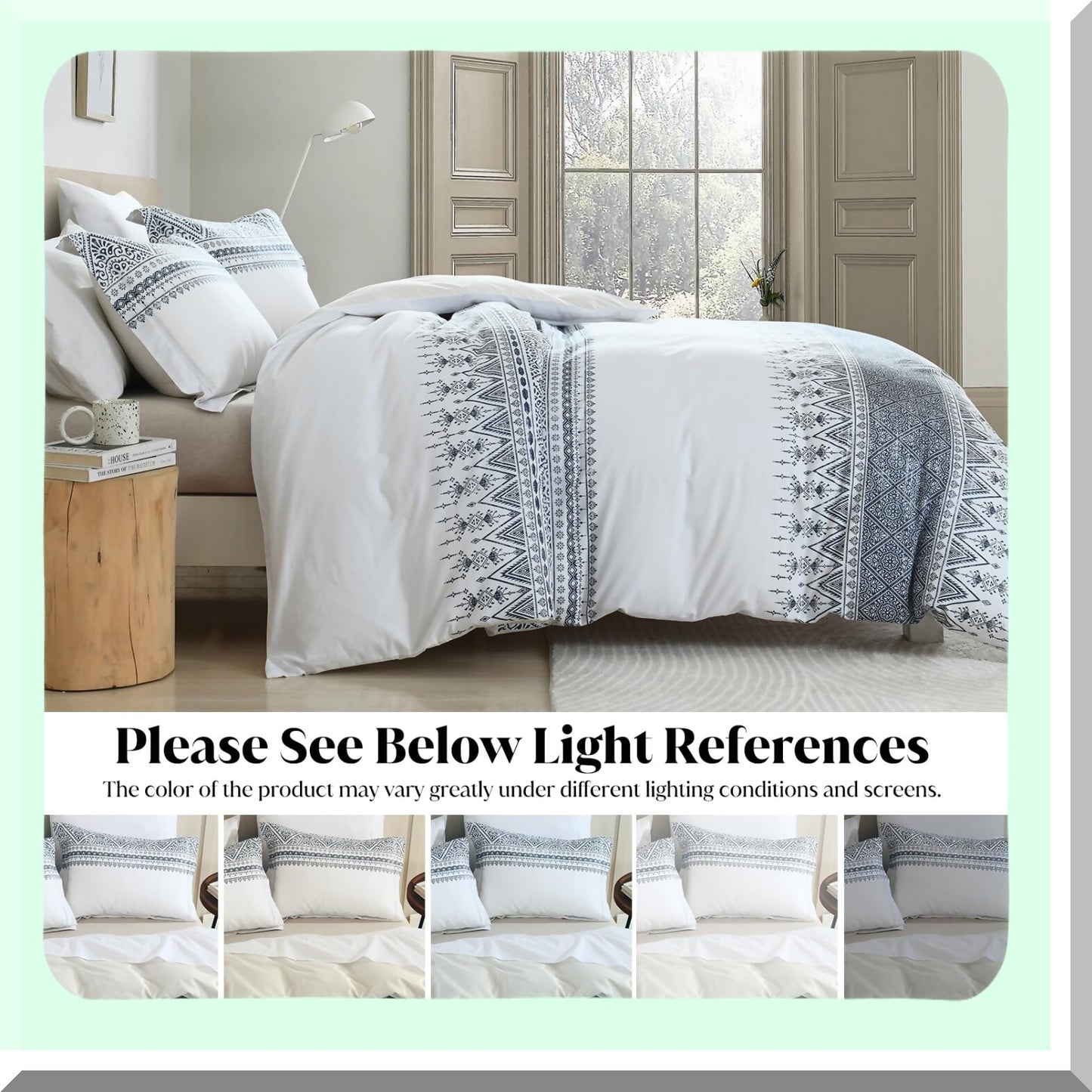 Boho Blue Geometric Cotton Duvet Set - Queen Size 3pcs Bedding, Ultra Soft Lightweight Cover with 8 Ties, 400TC, No Comforter - White Cream Bohemian