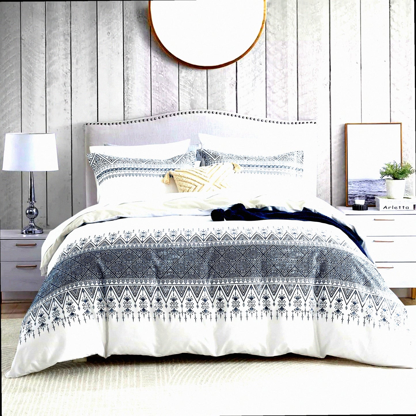 Boho Blue Geometric Cotton Duvet Set - Queen Size 3pcs Bedding, Ultra Soft Lightweight Cover with 8 Ties, 400TC, No Comforter - White Cream Bohemian