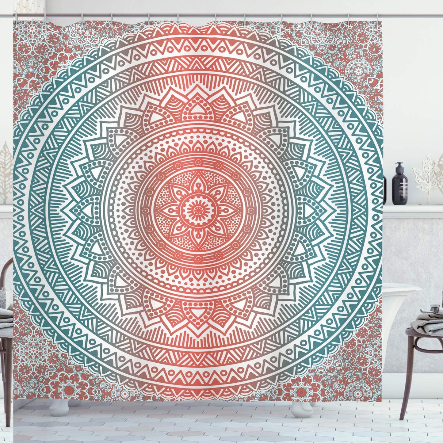 Teal and Coral Shower Curtain 69x70 inches