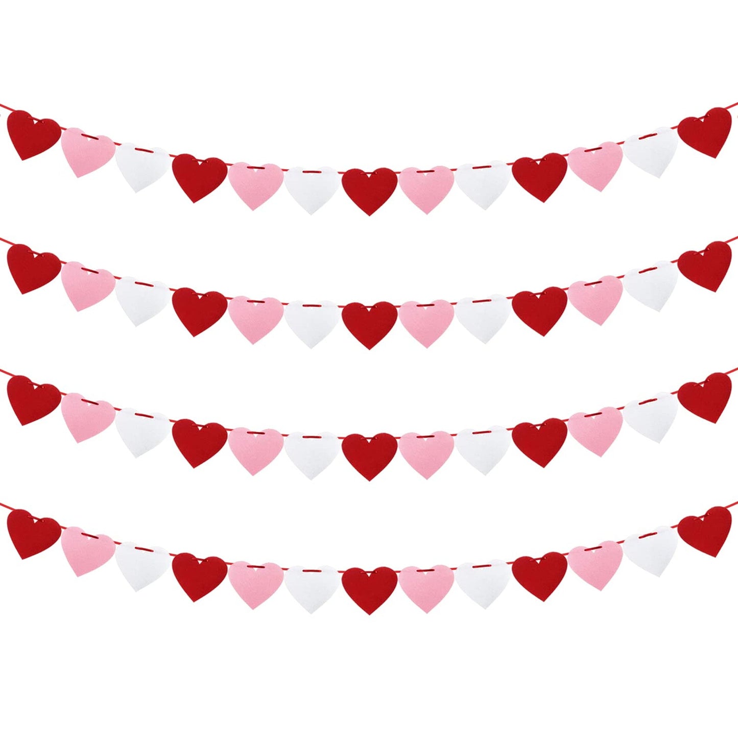 Heartfelt Love Garland - 4 Pack Felt Heart Banner for Valentines Day, Anniversary, Wedding, Birthday, Mother's Day Decorations in Red White Pink