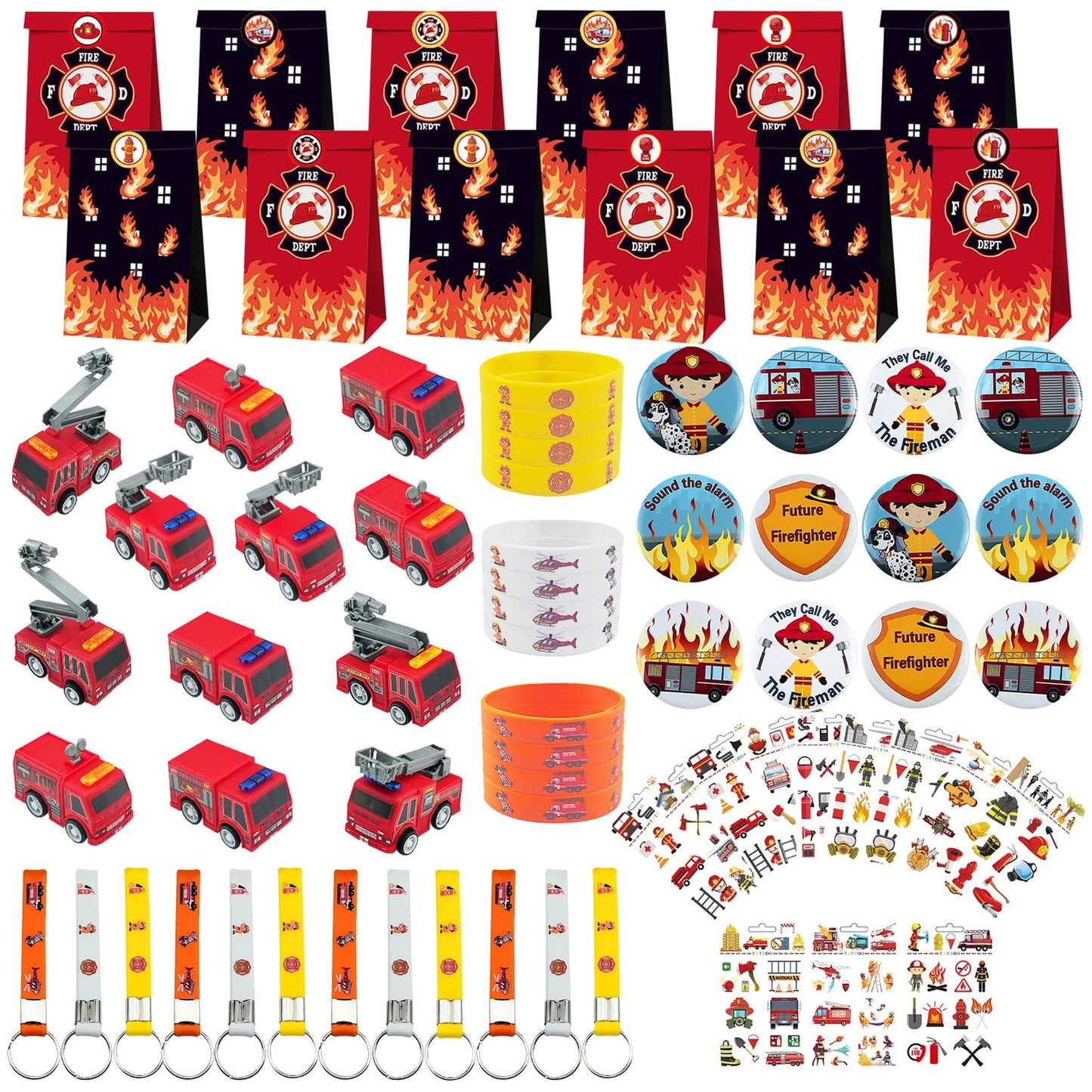 Truck Fighter Fun Pack - 72 Pcs Birthday Party Supplies with Gift Bag, Wristband, Button Pin, Toy, Keychain - Kids Game Prizes and Party Favors