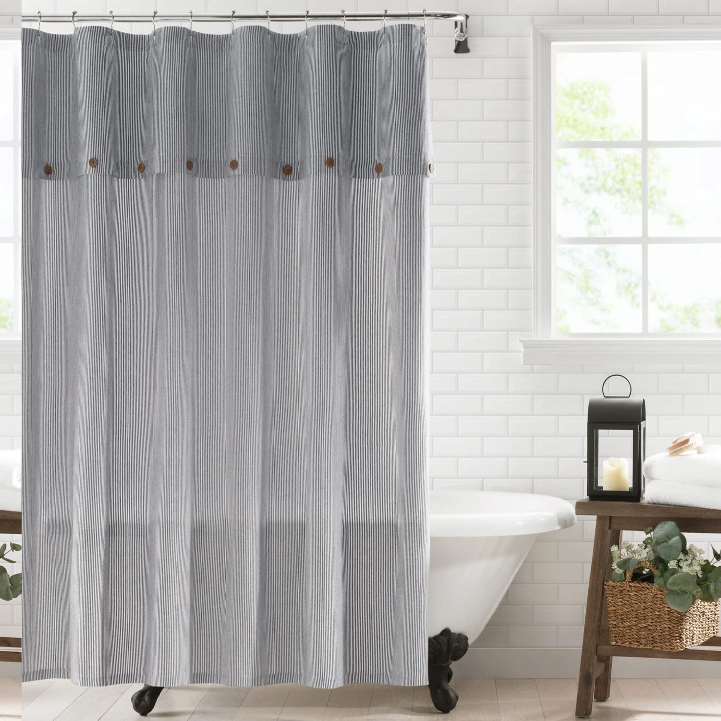 Tucker Ticking-Stripe Fabric Shower Curtain 72x72 Black