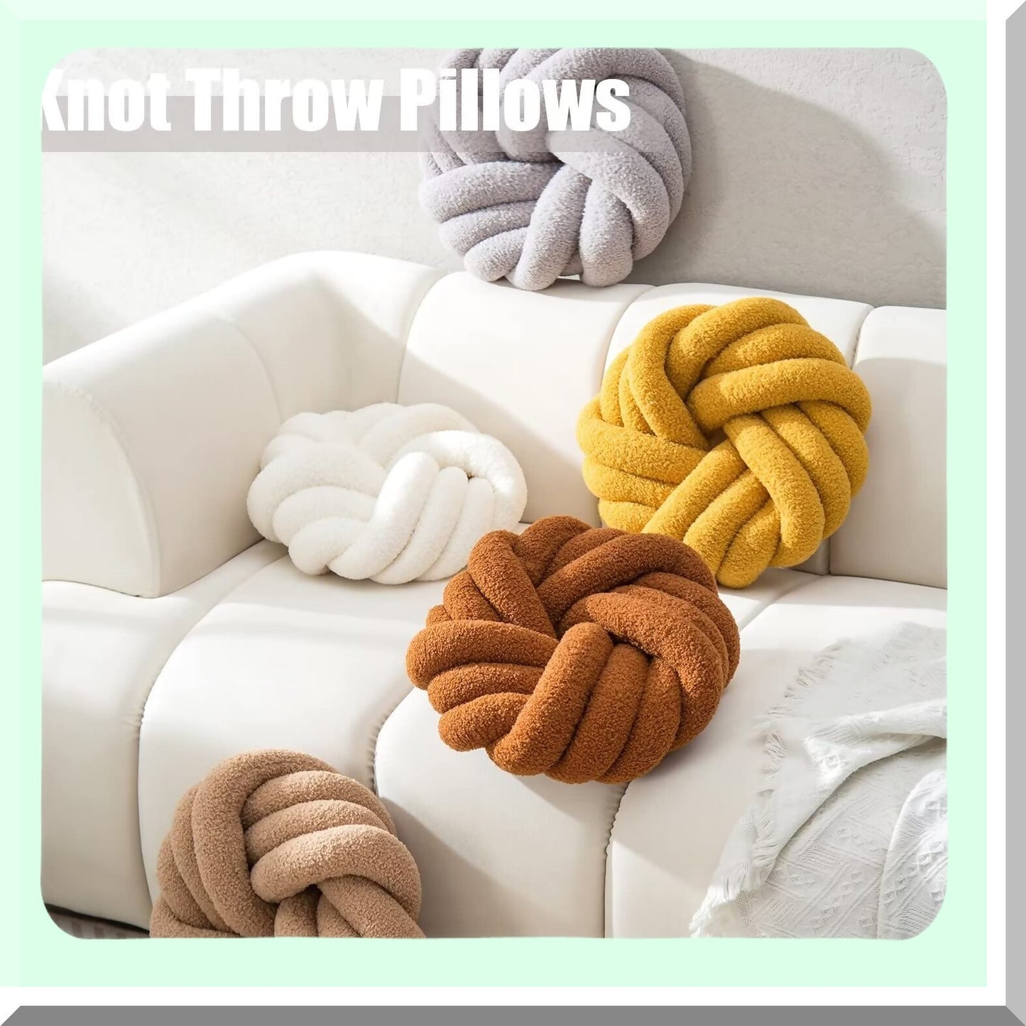 Plush Knot Round Throw Pillow - White Knot Cushion for Living Room & Bed Decor - 14 Inch Knotted Floor Pillow - Home Decorative Couch Pillows