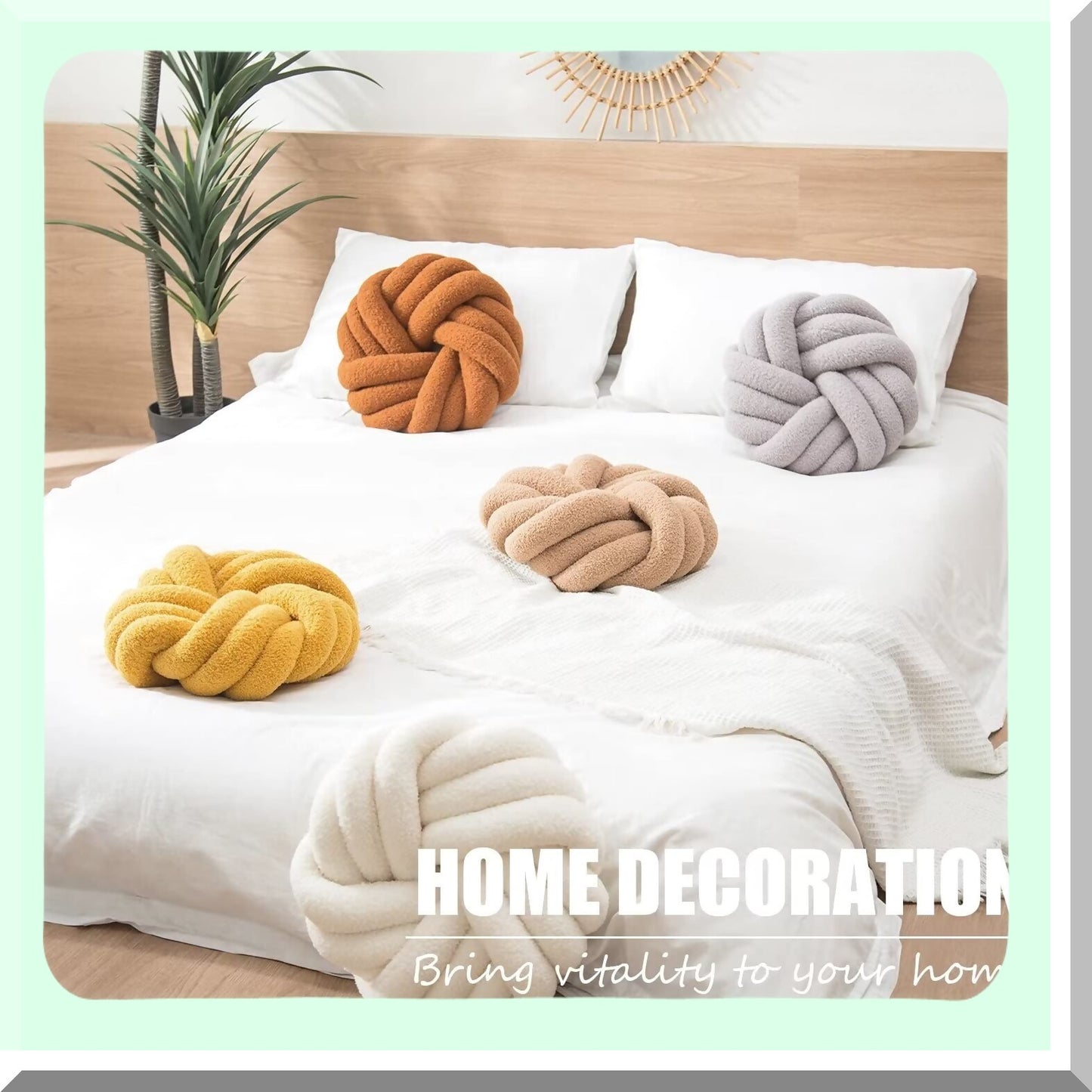 Plush Knot Round Throw Pillow - White Knot Cushion for Living Room & Bed Decor - 14 Inch Knotted Floor Pillow - Home Decorative Couch Pillows