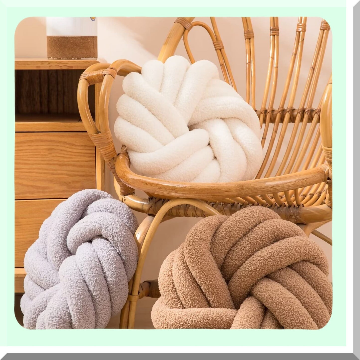 Plush Knot Round Throw Pillow - White Knot Cushion for Living Room & Bed Decor - 14 Inch Knotted Floor Pillow - Home Decorative Couch Pillows
