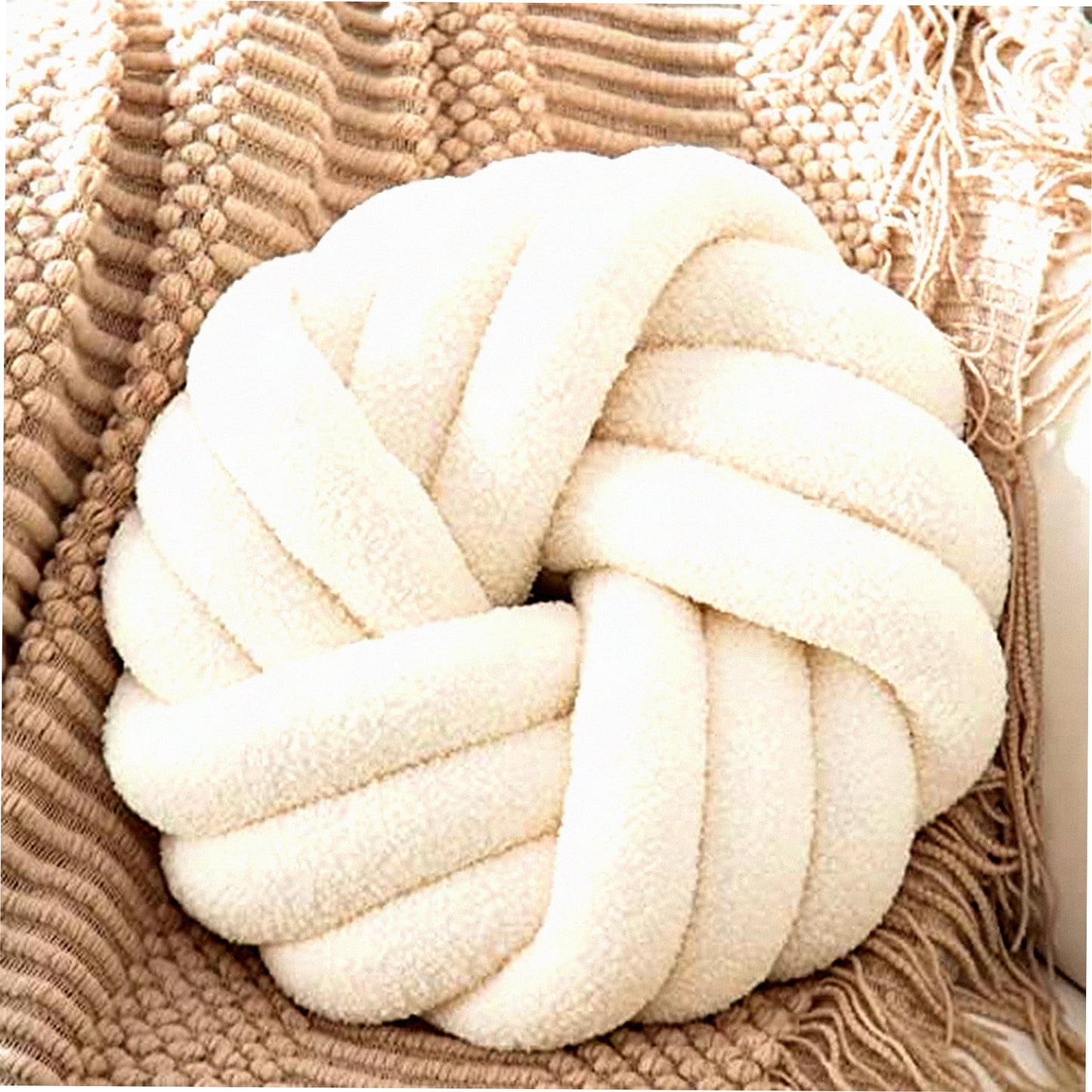 Plush Knot Round Throw Pillow - White Knot Cushion for Living Room & Bed Decor - 14 Inch Knotted Floor Pillow - Home Decorative Couch Pillows