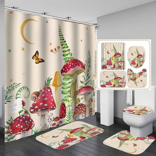 4PCS Red Mushroom Shower Curtain Set with Bath Mats
