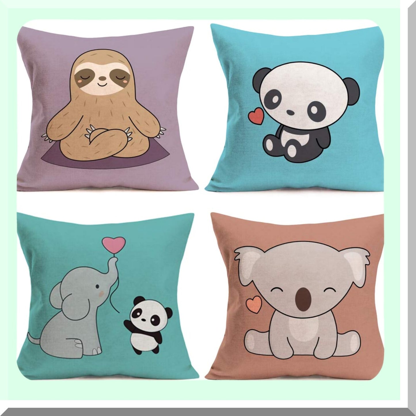 Cute Animal Kids Cartoon Pillow Covers Set - Sloth Bear Elephant Panda Decorative Cushion Cases - Pink Sweet Heart Design - Cotton Linen 18x18 Inch - Sofa Couch & Kids Room Decor