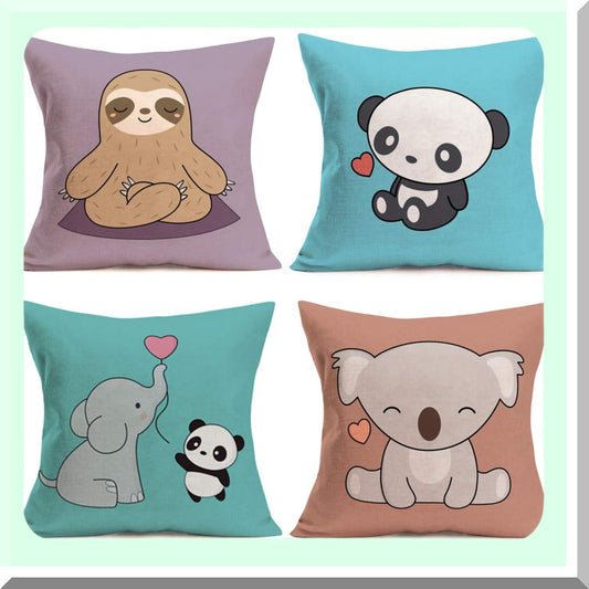 Cute Animal Kids Cartoon Pillow Covers Set - Sloth Bear Elephant Panda Decorative Cushion Cases - Pink Sweet Heart Design - Cotton Linen 18x18 Inch - Sofa Couch & Kids Room Decor