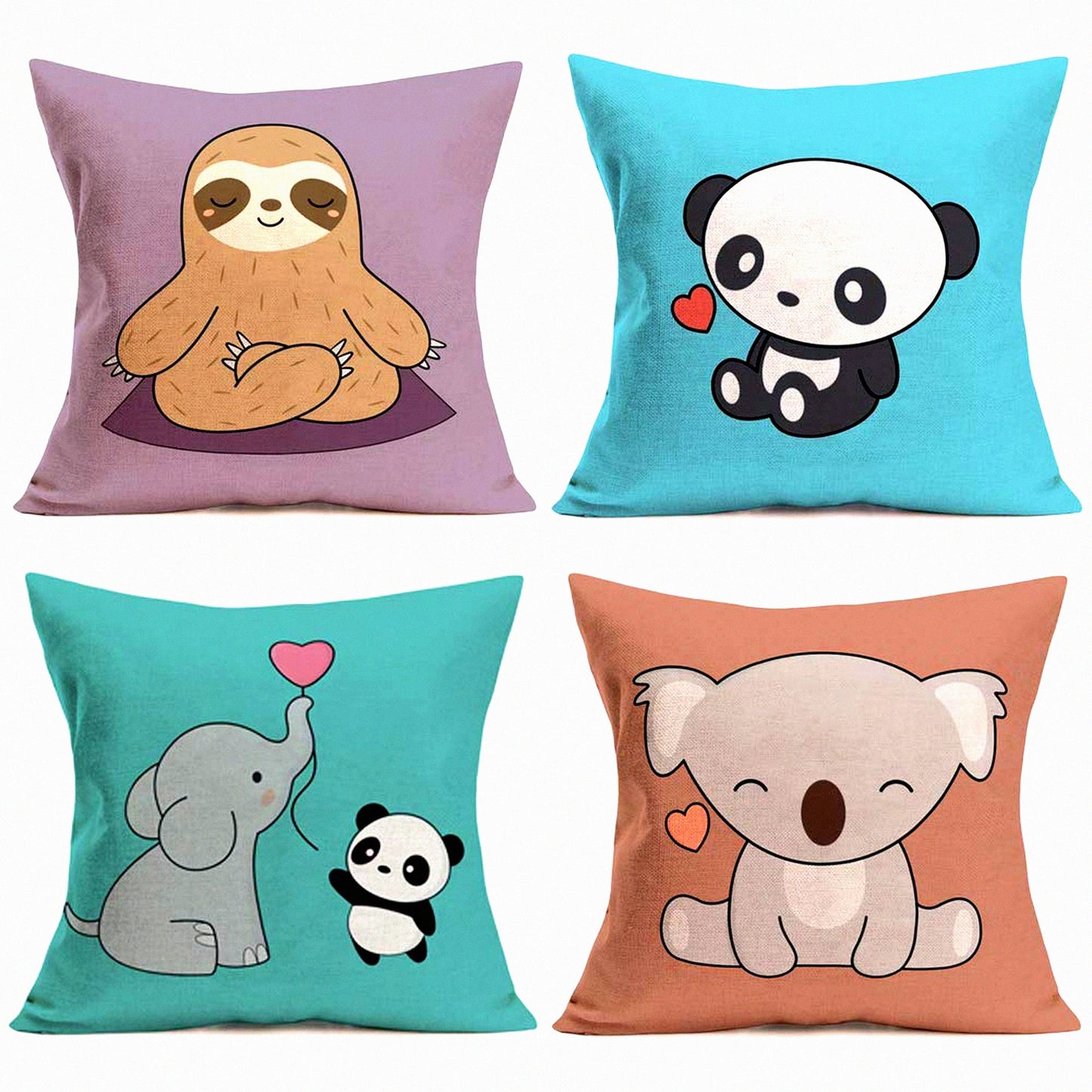 Cute Animal Kids Cartoon Pillow Covers Set - Sloth Bear Elephant Panda Decorative Cushion Cases - Pink Sweet Heart Design - Cotton Linen 18x18 Inch - Sofa Couch & Kids Room Decor