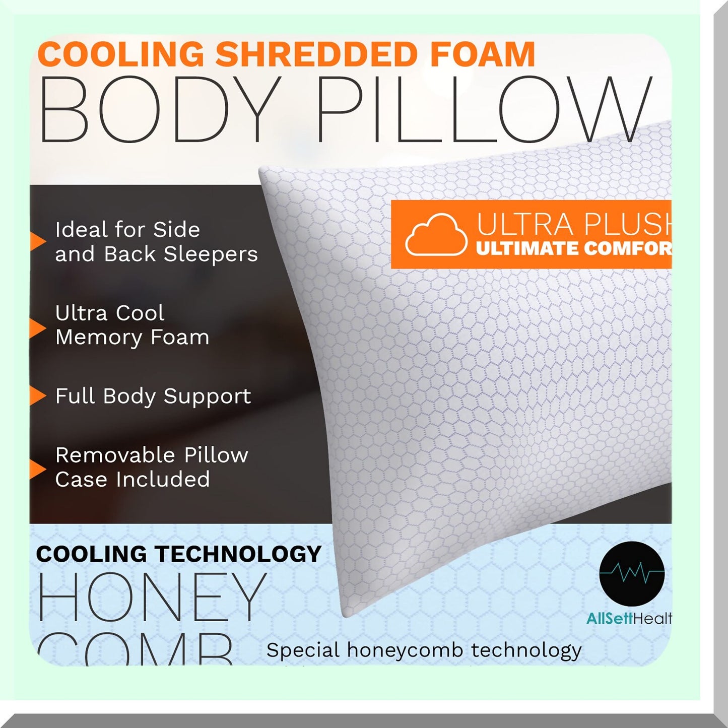 CoolDream Body Pillow - XXL Shredded Memory Foam Pillow for Side Sleepers & Pregnancy Support - Long Cooling Bed Pillow with Bonus Washable Case