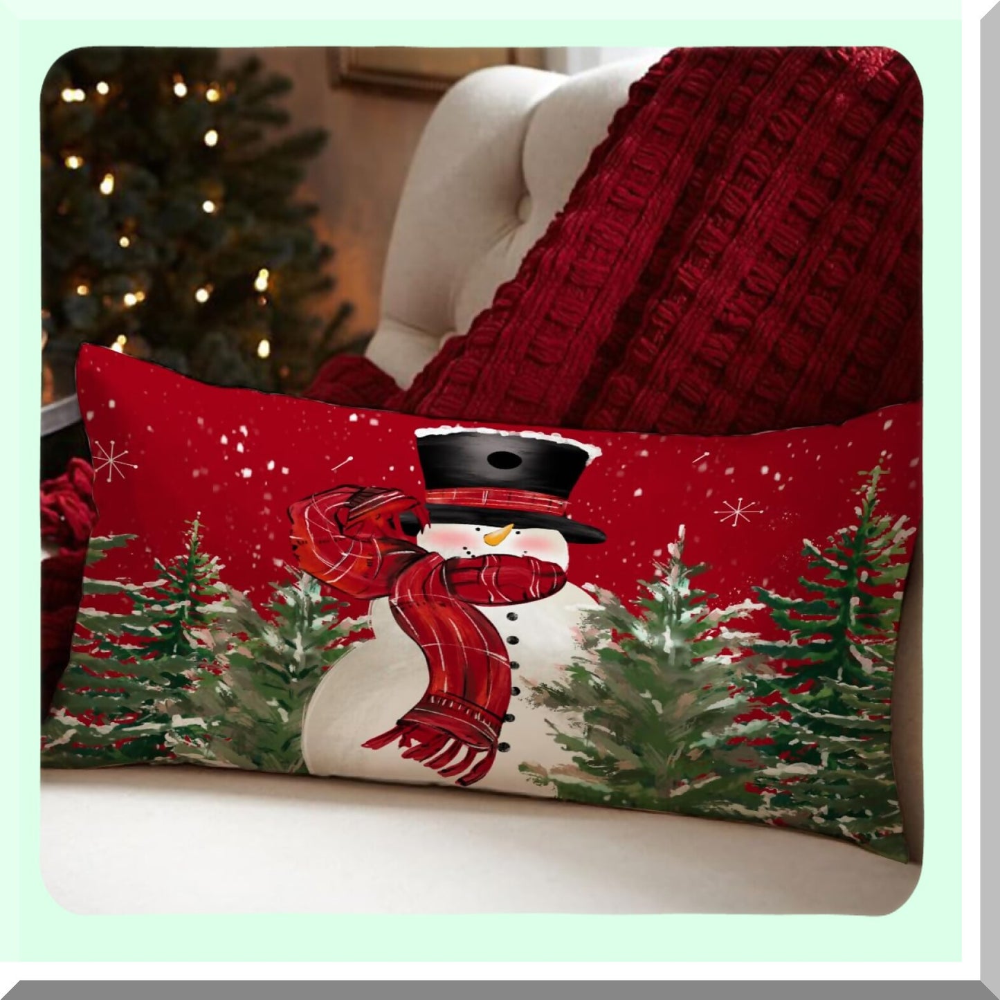 Winter Wonderland Lumbar Pillow Cover - Snowman Tree Snowflake Decorative Throw Pillow Cover for Sofa, Farmhouse Style Home Decor - 12X20 Colorlife