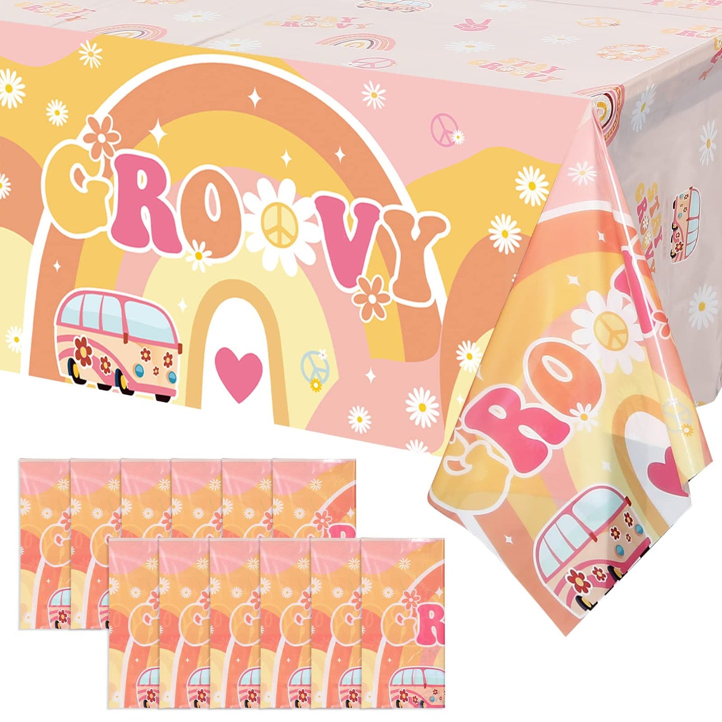 Rainbow Daisy Party Tablecloths - Set of 12 Groovy Retro Plastic Table Covers for Girls Star Birthday Decorations. Hippie Boho Theme!