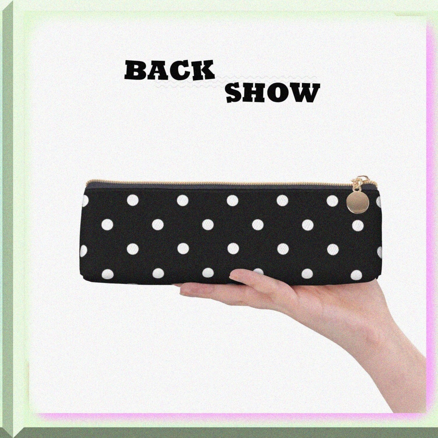 Polka Dot Black and White Leather Pencil Case 8.3x2.2x2.4 inches
