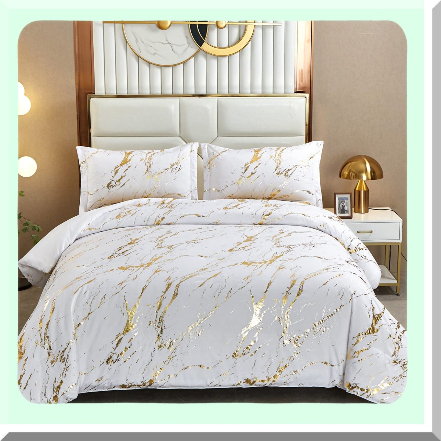 Luxury Marble Glitter Comforter Set - White Gold Metallic California F Print - Soft Microfiber Filling Duvet Set - All Seasons - 104"x96" - 2 Pillowcases