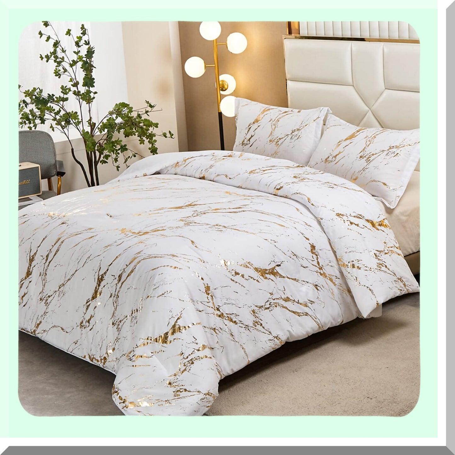 Luxury Marble Glitter Comforter Set - White Gold Metallic California F Print - Soft Microfiber Filling Duvet Set - All Seasons - 104"x96" - 2 Pillowcases
