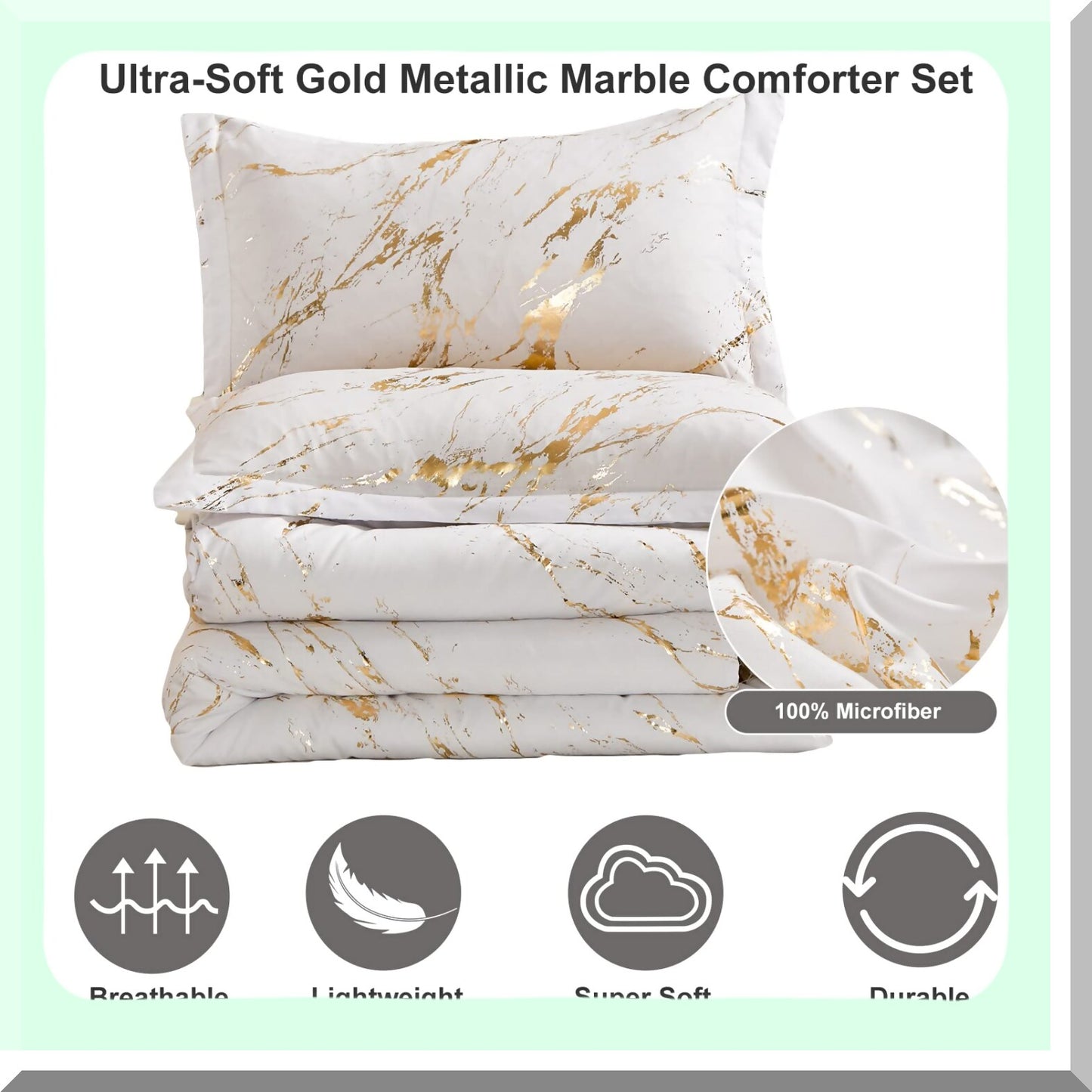 Luxury Marble Glitter Comforter Set - White Gold Metallic California F Print - Soft Microfiber Filling Duvet Set - All Seasons - 104"x96" - 2 Pillowcases