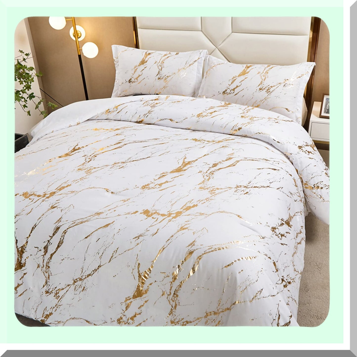 Luxury Marble Glitter Comforter Set - White Gold Metallic California F Print - Soft Microfiber Filling Duvet Set - All Seasons - 104"x96" - 2 Pillowcases