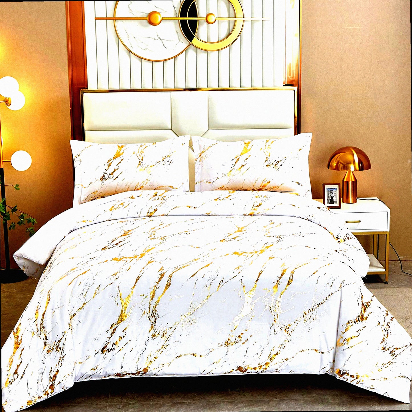 Luxury Marble Glitter Comforter Set - White Gold Metallic California F Print - Soft Microfiber Filling Duvet Set - All Seasons - 104"x96" - 2 Pillowcases