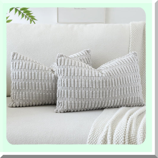 Boho Stripe Lumbar Pillow Covers - Set of 2 Soft Corduroy Decorative Throw Pillowcases for Couch, Sofa, Bed - 16 x 24 Inch Light Gray Home Decor