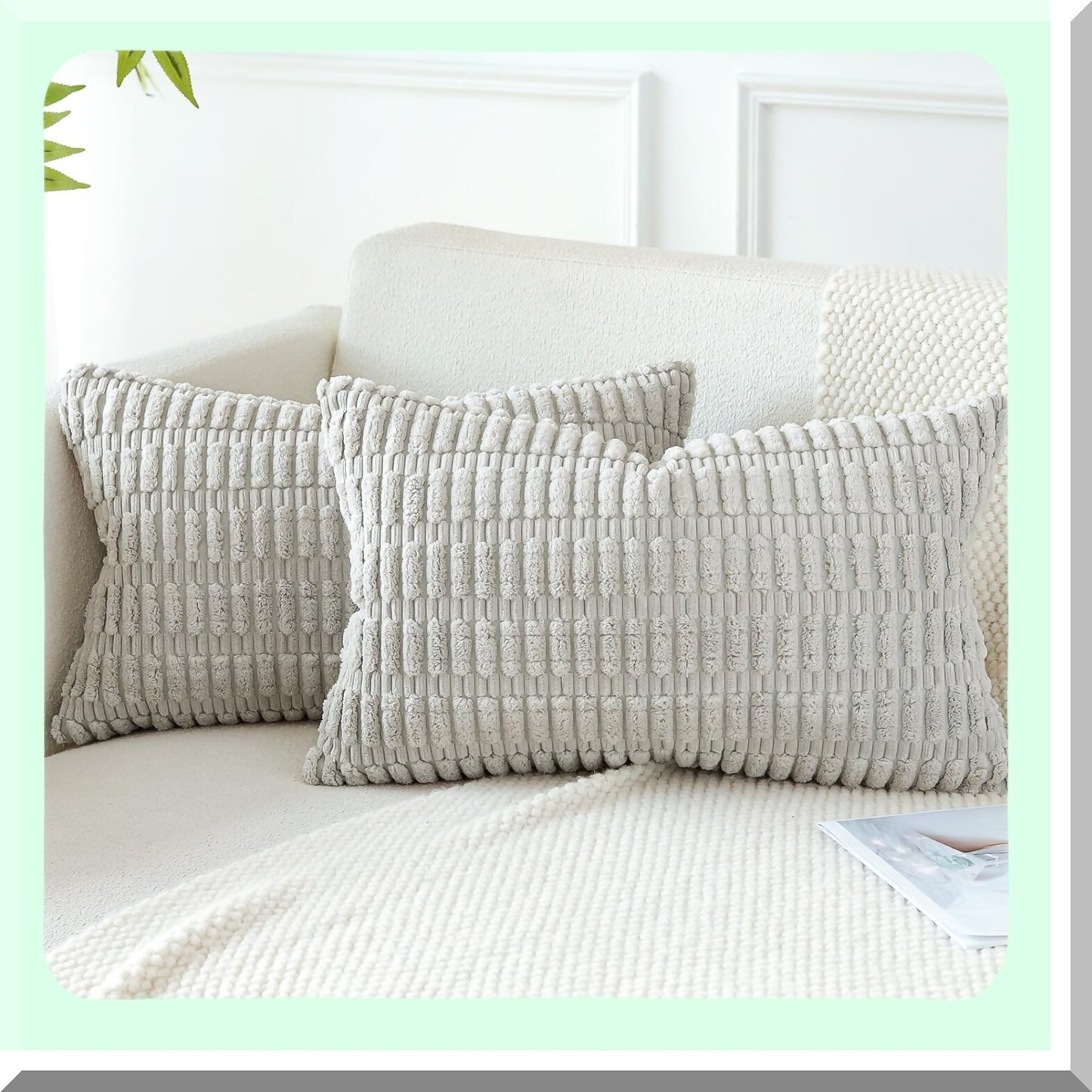 Boho Stripe Lumbar Pillow Covers - Set of 2 Soft Corduroy Decorative Throw Pillowcases for Couch, Sofa, Bed - 16 x 24 Inch Light Gray Home Decor