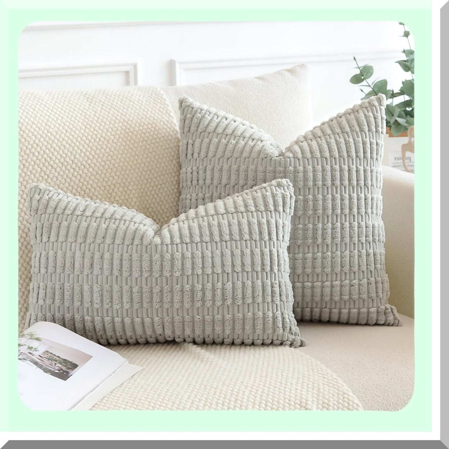 Boho Stripe Lumbar Pillow Covers - Set of 2 Soft Corduroy Decorative Throw Pillowcases for Couch, Sofa, Bed - 16 x 24 Inch Light Gray Home Decor