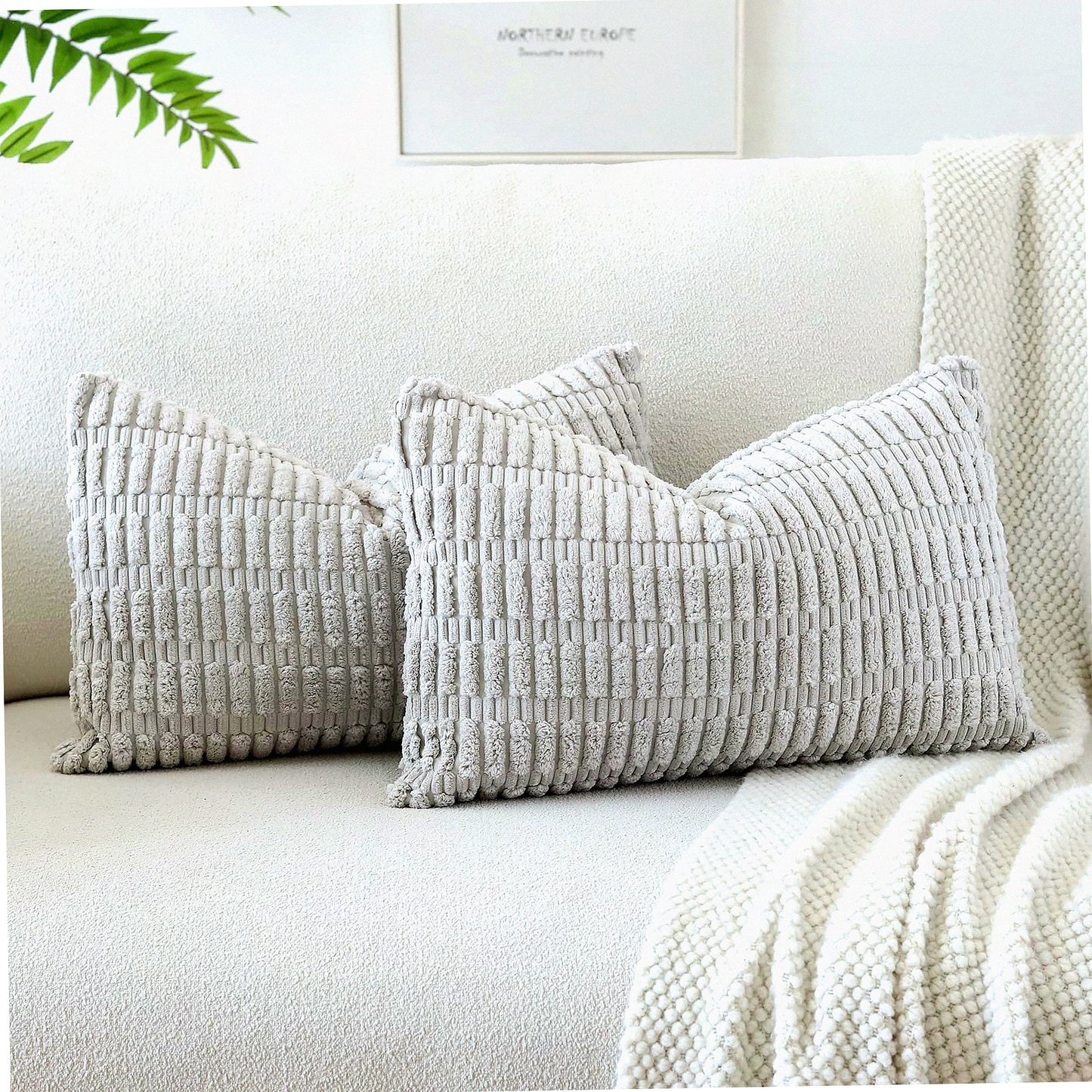 Boho Stripe Lumbar Pillow Covers - Set of 2 Soft Corduroy Decorative Throw Pillowcases for Couch, Sofa, Bed - 16 x 24 Inch Light Gray Home Decor