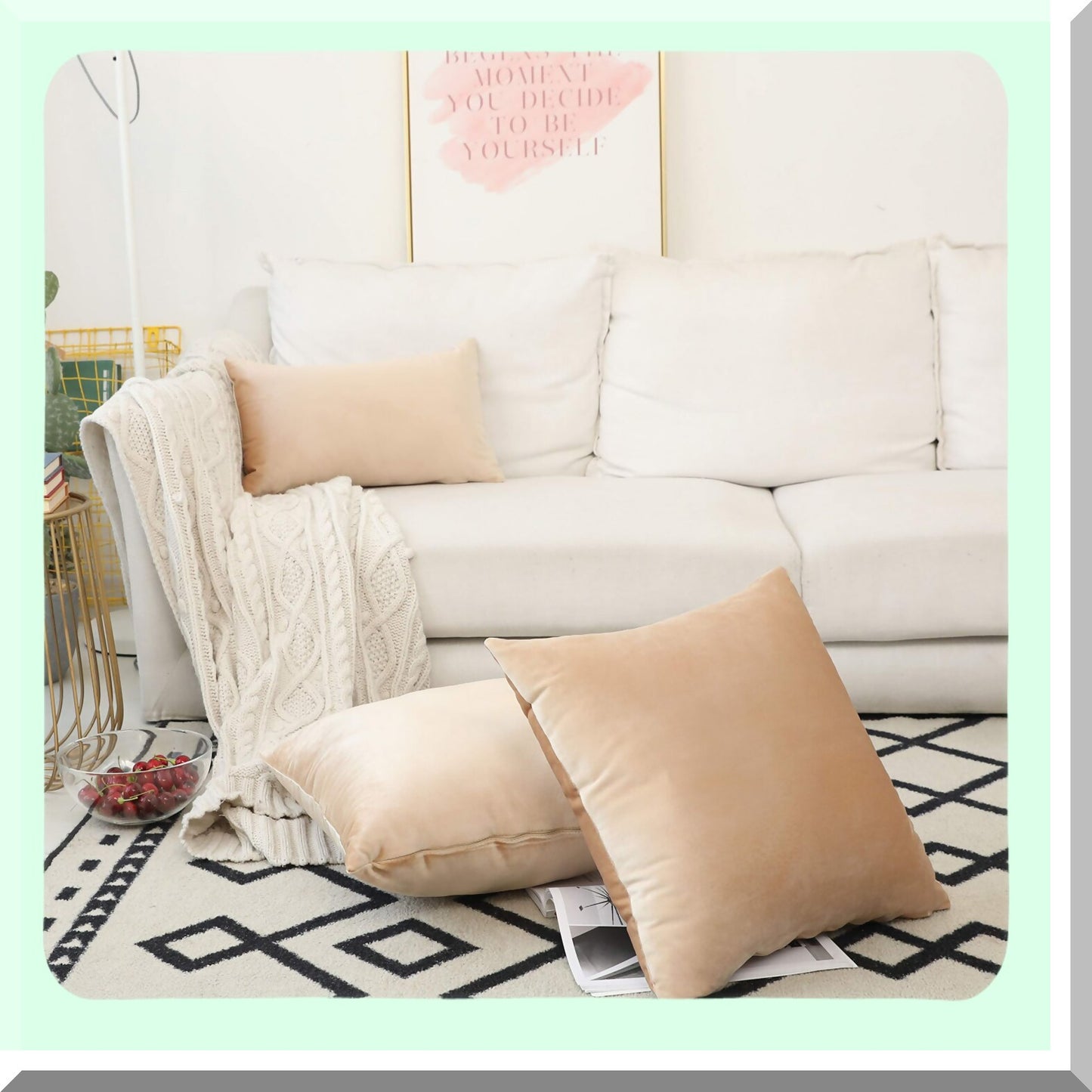 Cream Velvet Rectangle Pillow Covers - Set of 2, 12x20 Inch Beige Throw Pillows for Couch & Living Room Sofa Bed - Decorative Cushion Cases