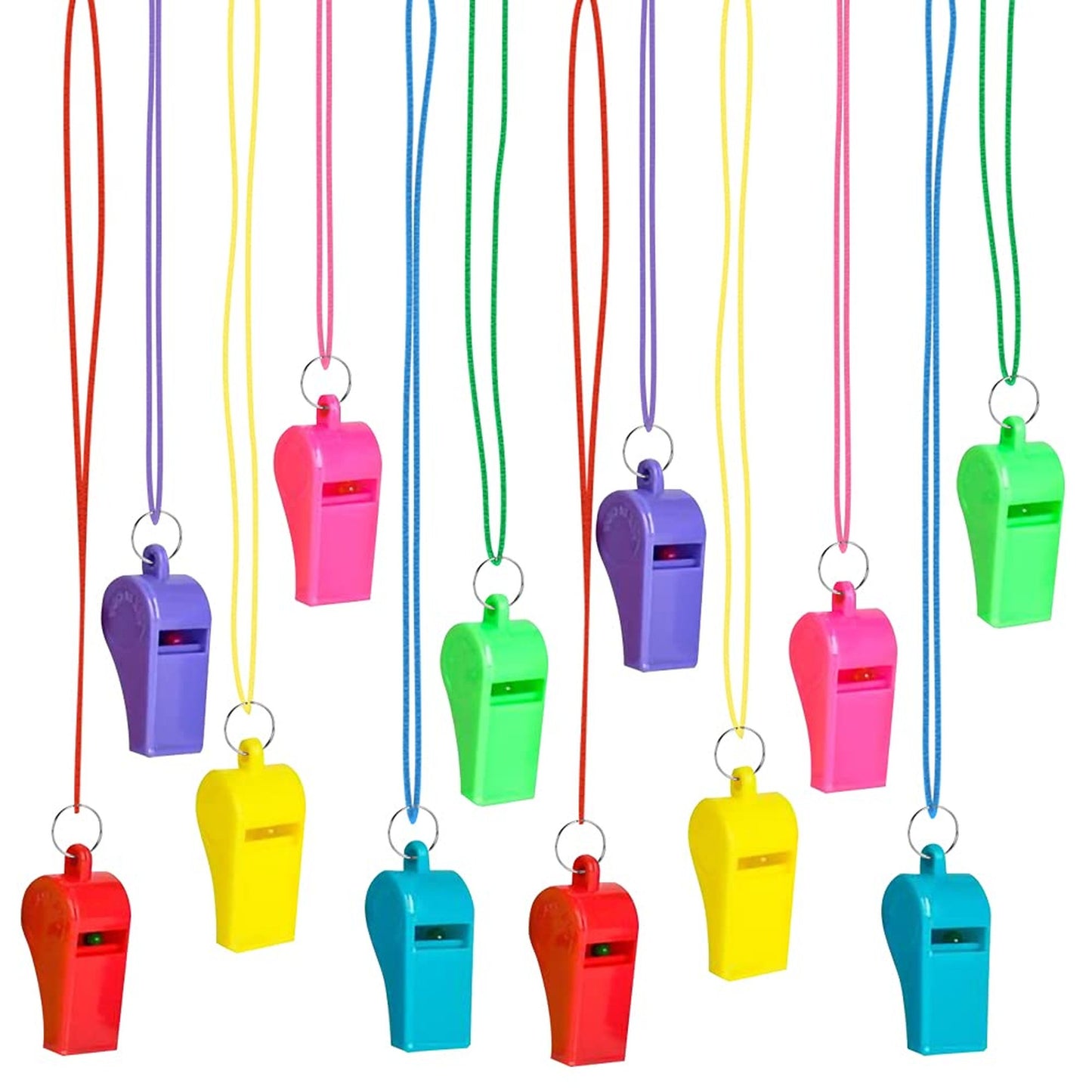 Colorful Whistle Blast Set - 12 Pack Kids Party Noisemakers in Neon Colors for Sports Events, School Supplies, and Goody Bags