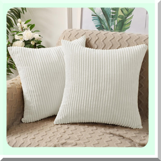 Corduroy Comfort Set - 20x20 Decorative Pillow Covers (Set of 2) for Couch, Bed, Sofa, Bedroom, Car - Soft Square Cushion Case in White