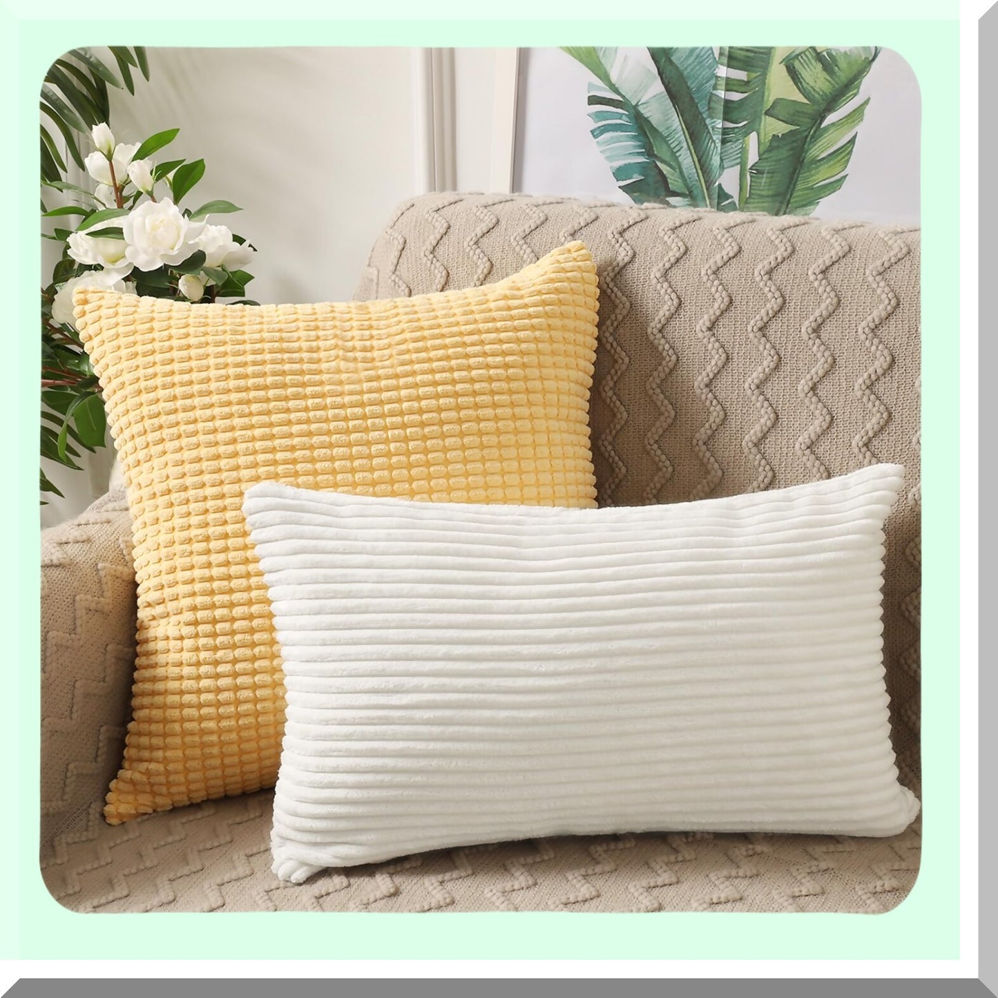 Corduroy Comfort Set - 20x20 Decorative Pillow Covers (Set of 2) for Couch, Bed, Sofa, Bedroom, Car - Soft Square Cushion Case in White
