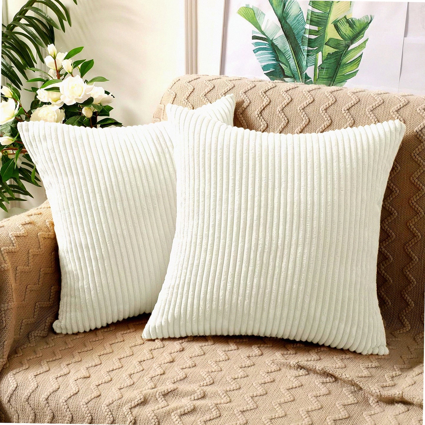 Corduroy Comfort Set - 20x20 Decorative Pillow Covers (Set of 2) for Couch, Bed, Sofa, Bedroom, Car - Soft Square Cushion Case in White