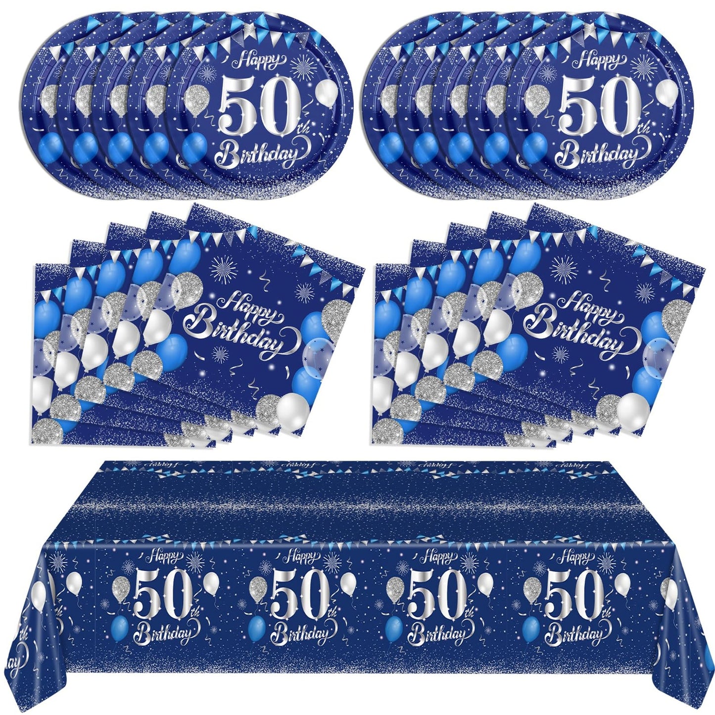 50th Birthday Party Supplies with Blue and Silver Decor