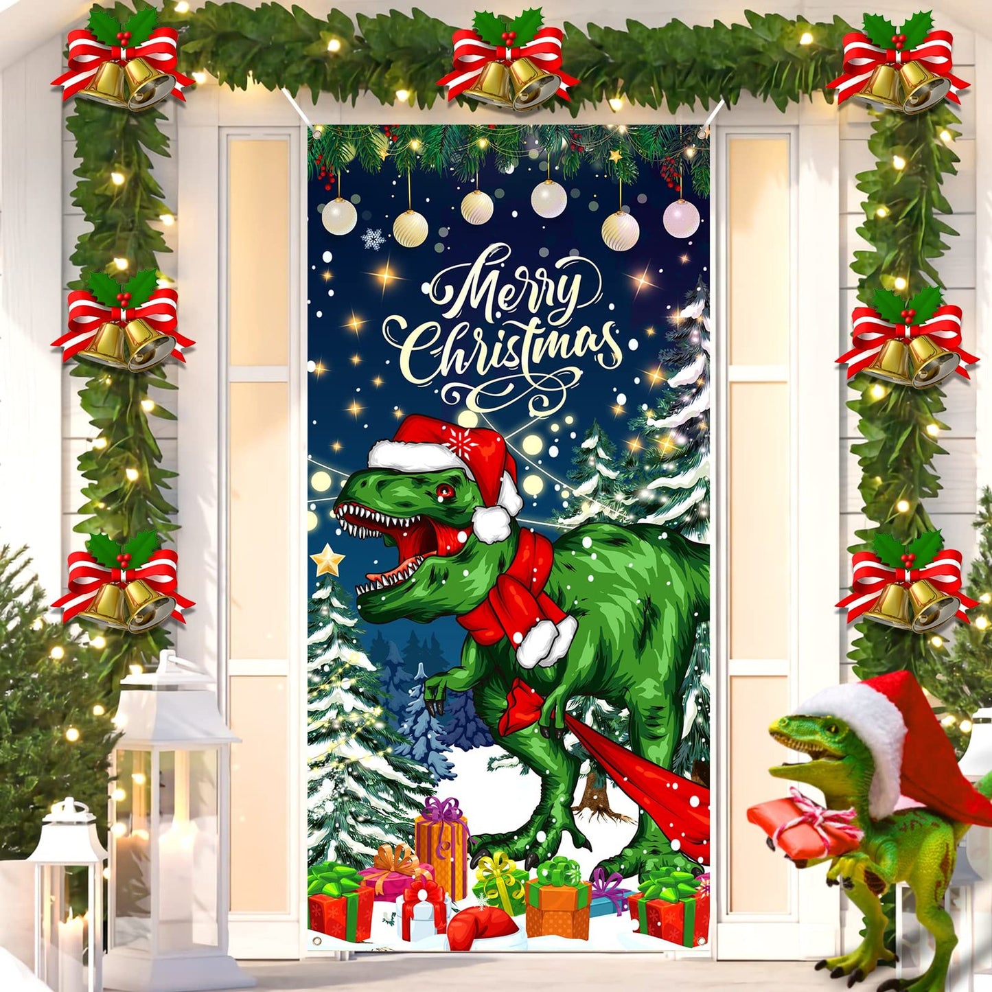 Dino Merry Door Banner - Large Funny Winter Hanging Welcome Backdrop - Xmas New Year Holiday Decorations - Indoor Outdoor Party Supplies - 73x36inch