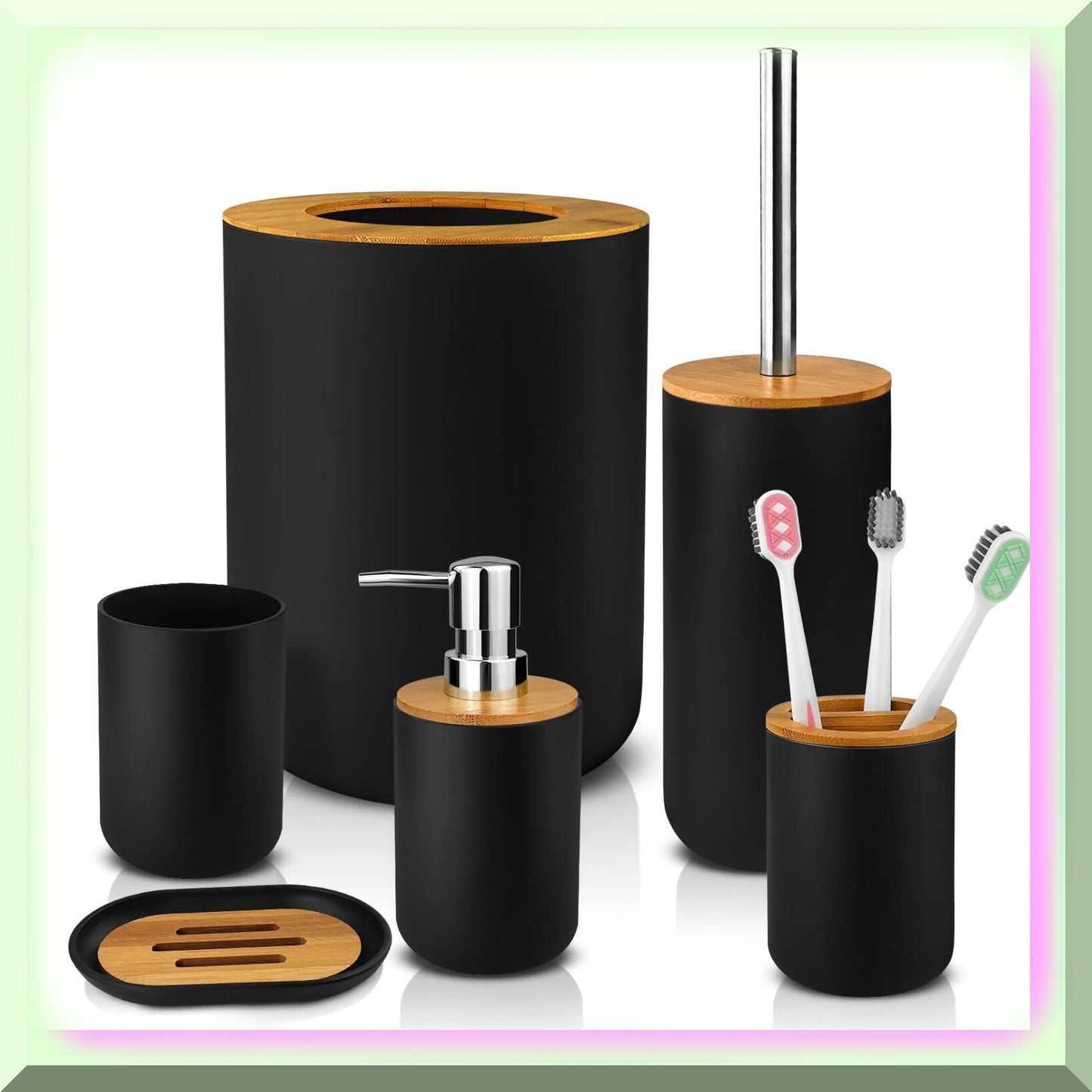 Bamboo Bathroom Accessory Set 6 Pcs Black