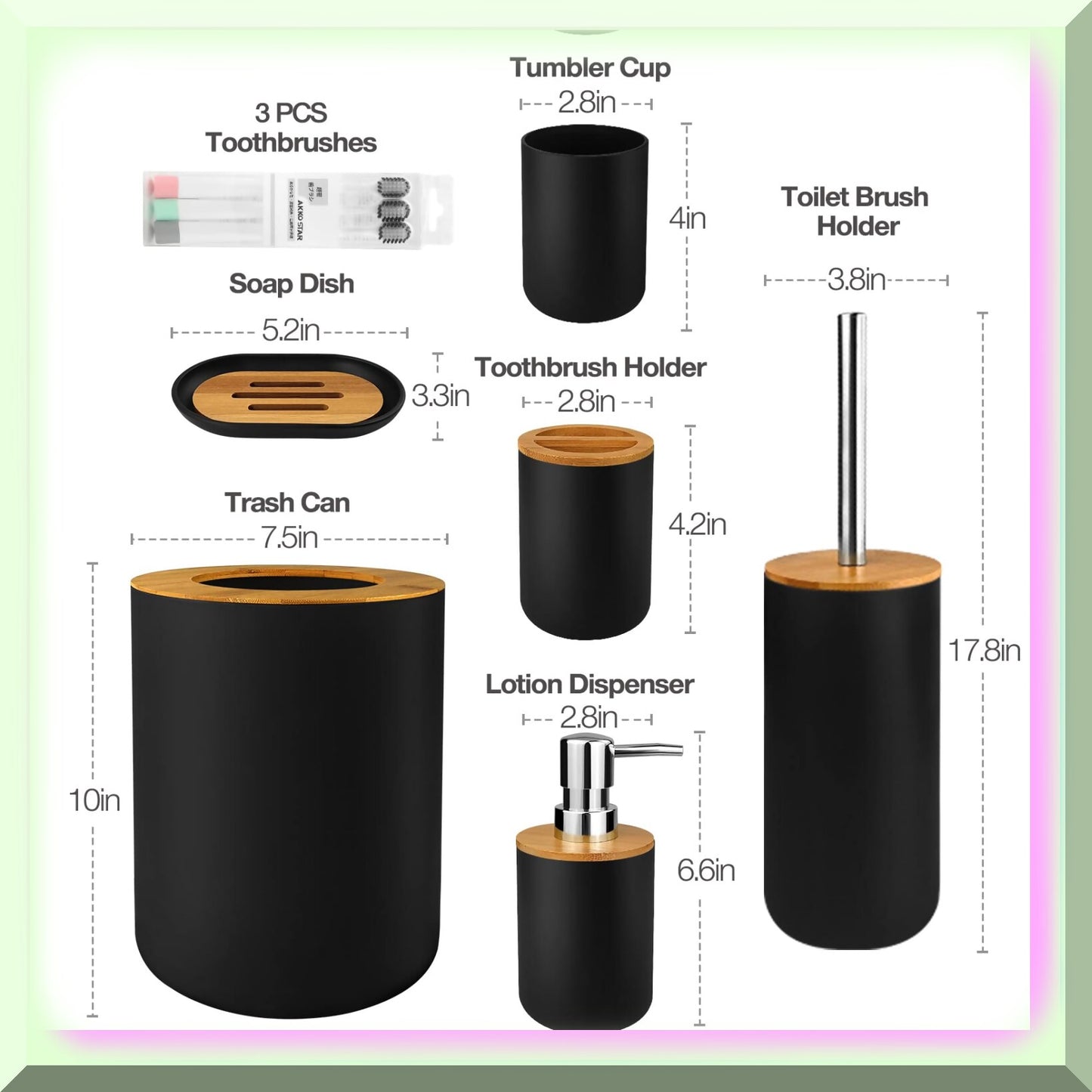 Bamboo Bathroom Accessory Set 6 Pcs Black