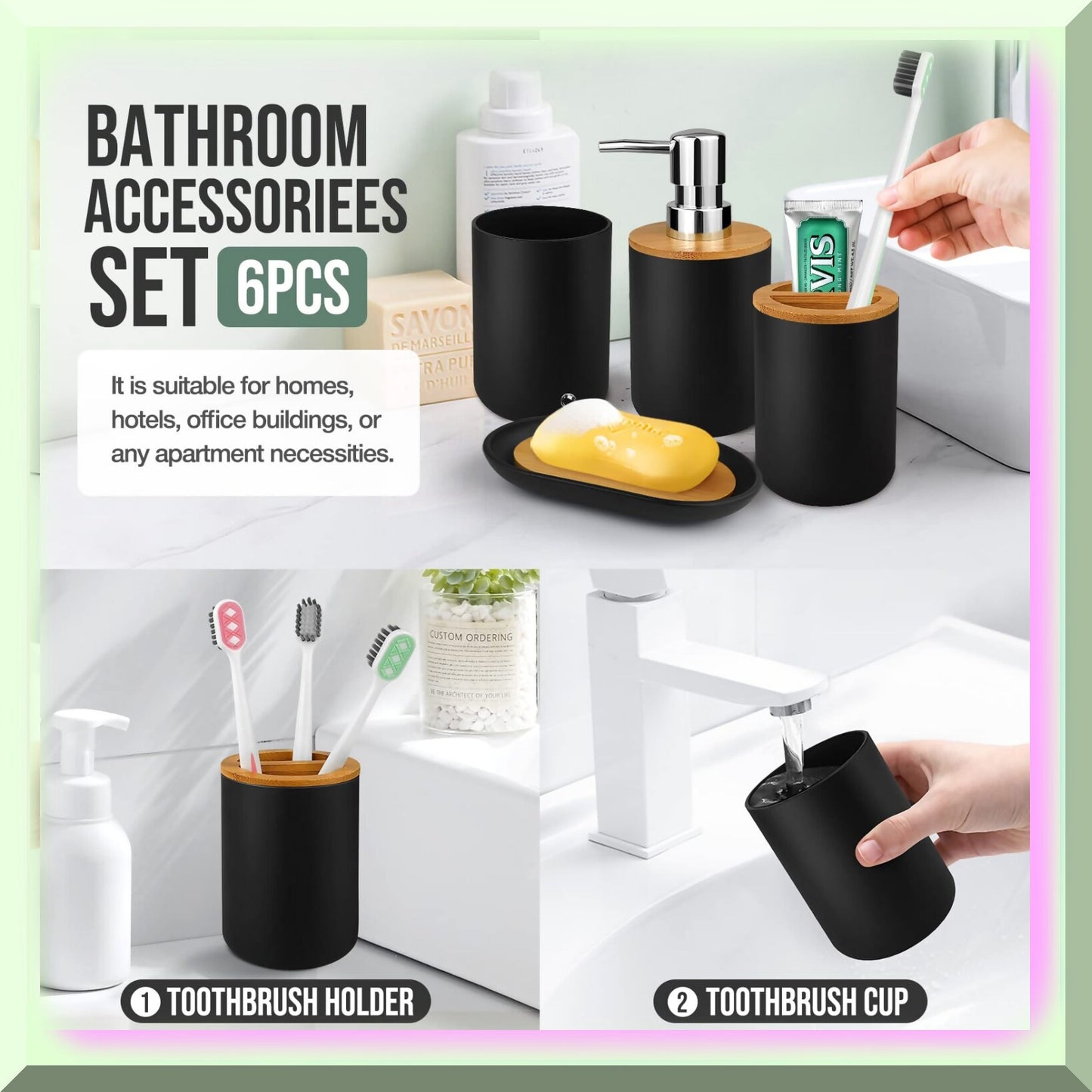Bamboo Bathroom Accessory Set 6 Pcs Black