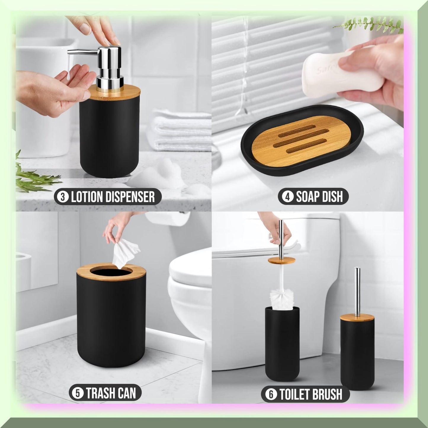 Bamboo Bathroom Accessory Set 6 Pcs Black