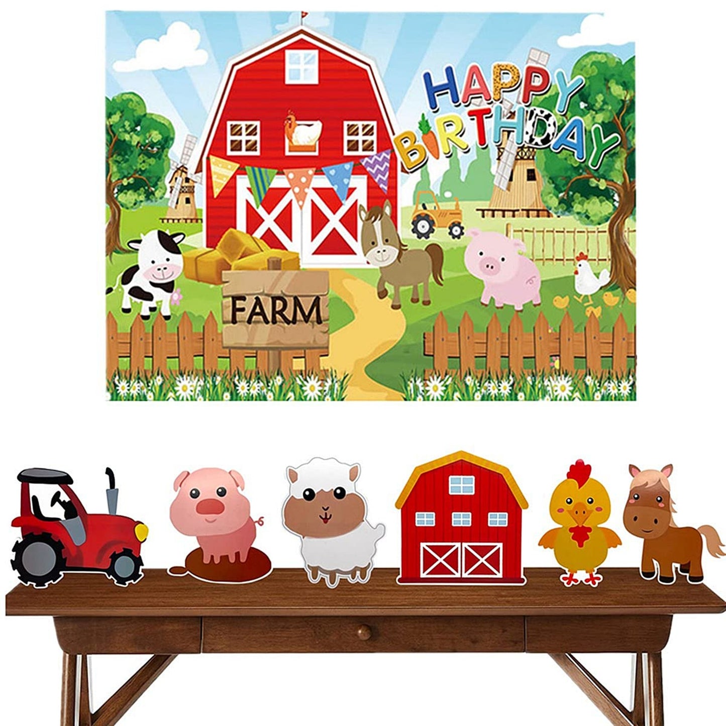 Farm Fun Party Pack - 7 Piece Set for Indoor & Outdoor Celebrations! Includes 3D Table Decor, Centerpieces, & Birthday Backdrop Cloth. Let's Celebrate on the Farm!
