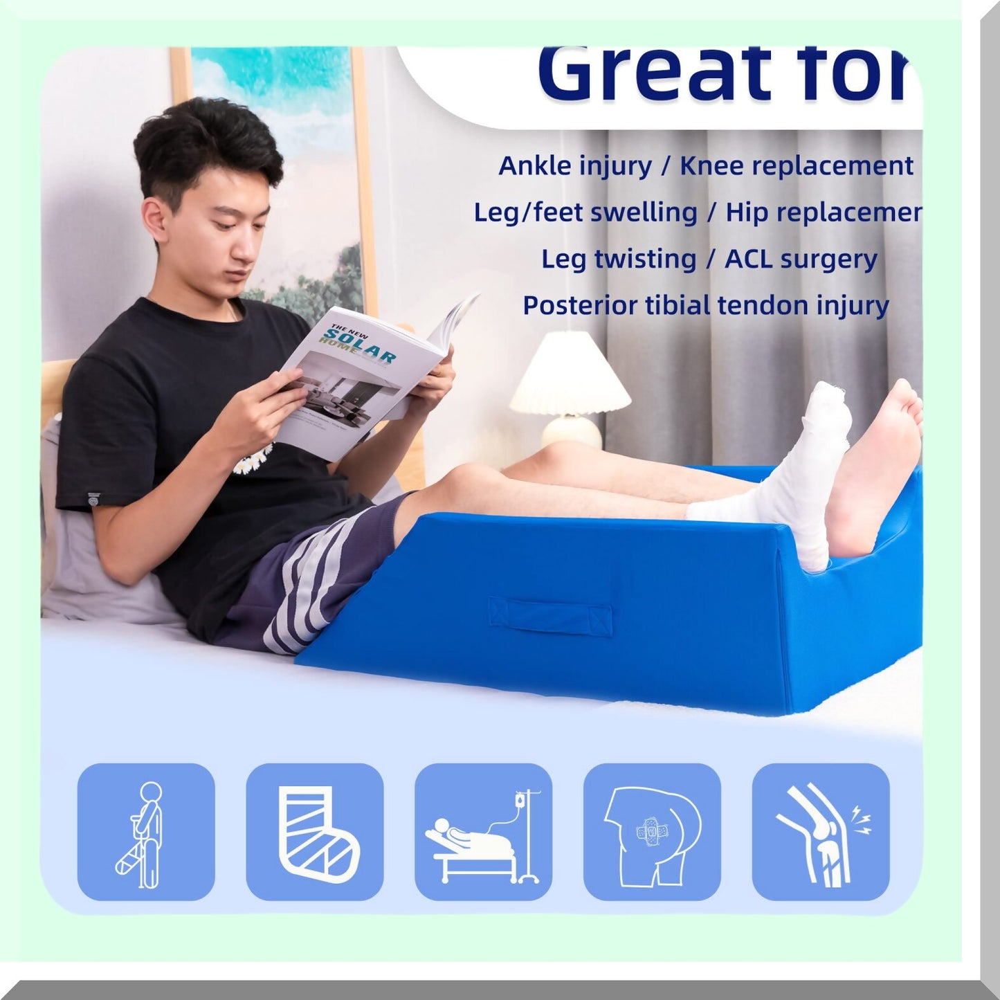 ElevateEase Leg Support Pillow - Recovery Aid for Knee Replacement, Swelling, Injury - Footrest for Sleeping - Blue (Two Leg Version)